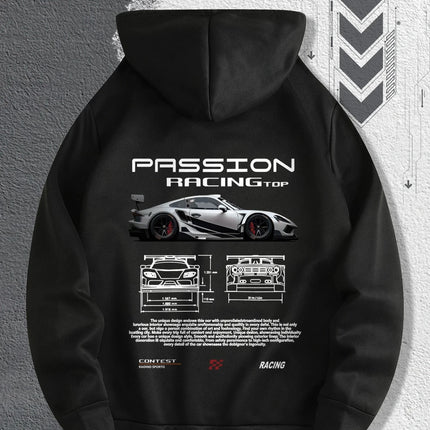 Men'S Passionate Racing Graphic Hoodie Featuring Race Cars and Sports Car Illustrations, Perfect for Everyday Wear
