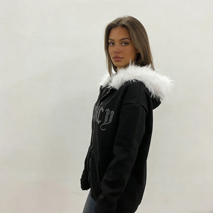 Subculture Y2K new fur collar cardigan sweatshirt zipper jacket European and American letter hot stamping retro sweatshirt jacke