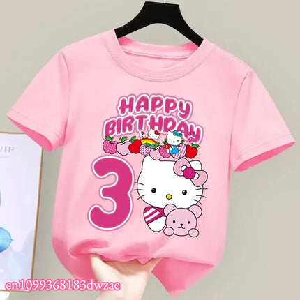 2026 New Hello Kitty Birthday Kids Short Sleeved Fashion Printed Boys and Girls Summer Clothes Short Sleeved Baby Cotton T-shirt
