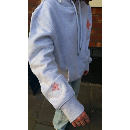 Combhasaki Women Preppy Oversize Hoodies Y2k Floral Letter Embroidery Pullover Long Sleeve Loose Sweatshirt with Kangaroo Pocket