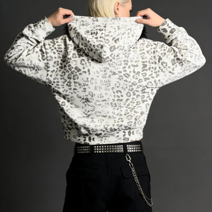 Y2K Streetwear Casual All-Season Fashion Sweatshirt Women's Leopard Print Faux Fur Hood Zipper Hoodie Cropped Oversized