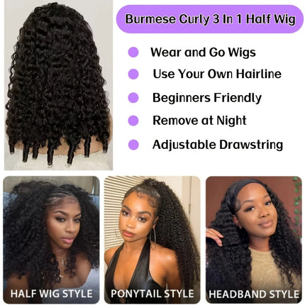 Burmese Curly Human Hair Half Wig 3-in-1 Glueless Natural Black  Spiral Ends With Drawstring Half Wigs for Beginners Wear And Go
