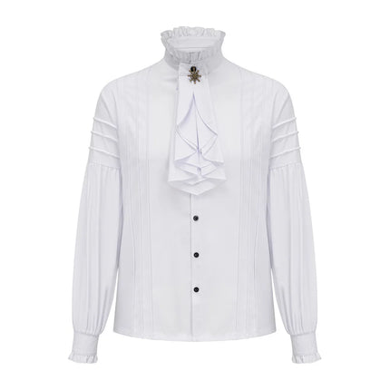 White Cotton Ruffled Stand Collar Long Lantern Sleeves Pirate Cosplay Victorian Man Shirt Medieval Clothes Gothic Vintage Top