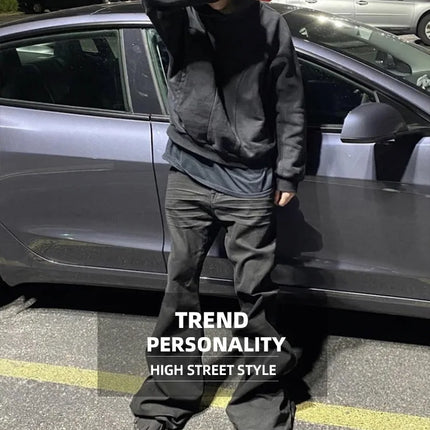 MIJKO Ribbons Slightly Stretch Baggy Flared Jeans for Men High Street Black Color Boom Cut Oversized Casual Denim Trousers