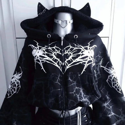 Y2K Grunge Purple Black Lightning Crackle Print Fleece Lined Cropped Zip Up Hoodie Women Hot Girl Oversized Drawstring Sherpa