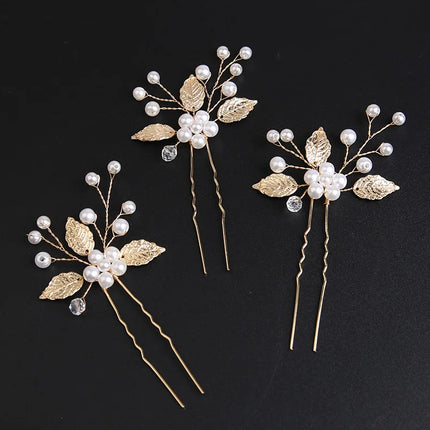 Handmade Pearl Flower Hairpin Gold Color Leaf Shaped Metal Wedding Bride Hair Clips Hair Jewelry Accessories Bride Hair wear