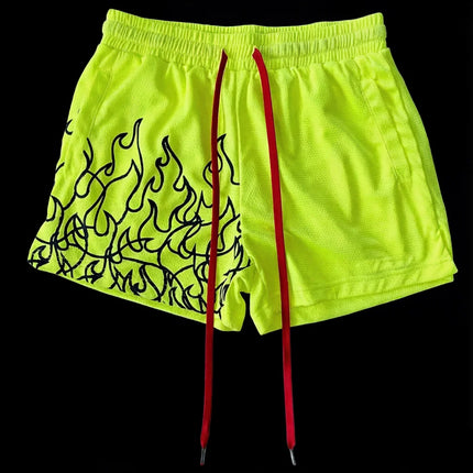 Men's Flame Print Casual Sports Shorts Breathable Mesh Adjustable Drawstring Waist Loose Fit Summer Street Daily Wear Trendy