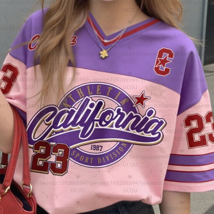 Girls Casual Sports Style California Print Short Sleeve V-Neck Women's Children Men's T-shirt Tops