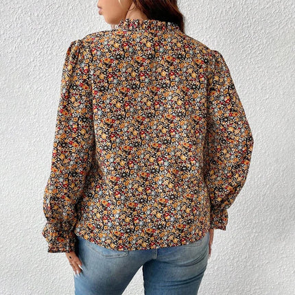 Plus Size Women's Shirt, Flower Print V Neck Long-Sleeved Top, Loose Fit, Elegant Design, Fabric Soft, Vacation Casual Shirt