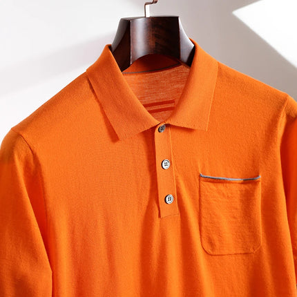 Spring and Summer New Polo Collar 100% Fine Wool Short Sleeve Men's Business Casual T-Shirt with Turn-down Collar and Pocket