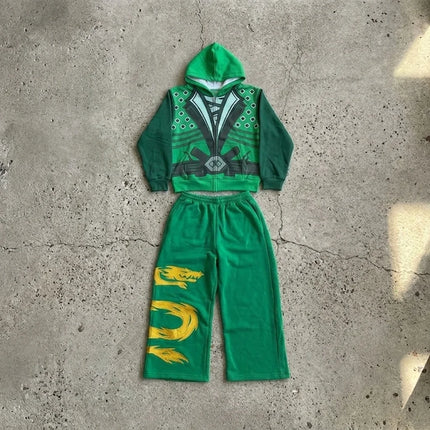 Ninja Warrior Armor Hoodie Set Men Dragon Graphic 2 Piece Suit Anime Inspired Streetwear Baggy Wide Leg Pants Tracksuit Outfit