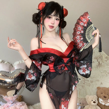 Japanese Kimono Style Pajamas Black Sheer Mesh Robe with Belt Cosplay Costume Nighty Female Night Club Wear Women Girls