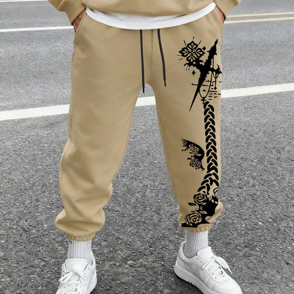 Men's Gothic Thorn Cross Rose Braid Vertical Print Sweatpants Elastic Waist Soft Fabric Dark Punk Street Hip Hop Joggers
