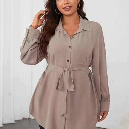 Plus Size Solid Belted Button Front Shirt, Elegant Curved Hem Long Sleeve Shirt For Spring & Fall, Women's Plus Size Clothing