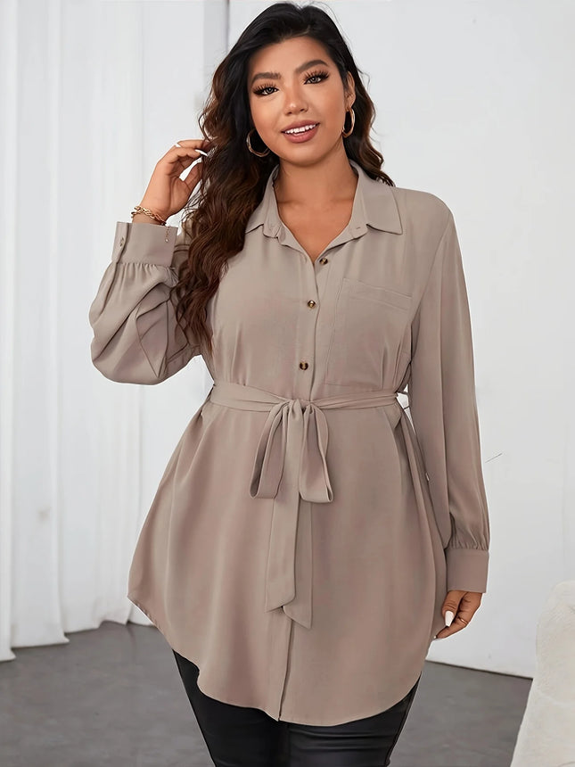 Plus Size Solid Belted Button Front Shirt, Elegant Curved Hem Long Sleeve Shirt For Spring & Fall, Women's Plus Size Clothing