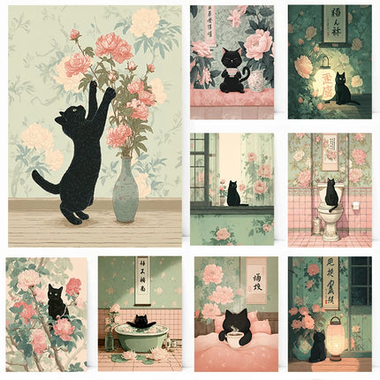 Japandi Black Cat Poster Minimalist Asian Cat Prints Canvas Painting Minimalist Japanese Wall Art Pictures Home Room Decoration