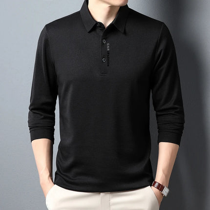 Men's Waffle Long-Sleeved Polo Shirt with Letter-Printed Lapel Casual Top