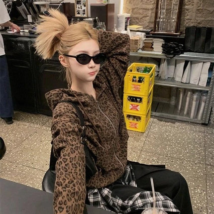 Aesthetic Hot Girl Loose Leopard Print Hoodie Women's Gothic Y2k New Zipper Hooded Coat Female Fashion Vintage Thin 2025 Clothes