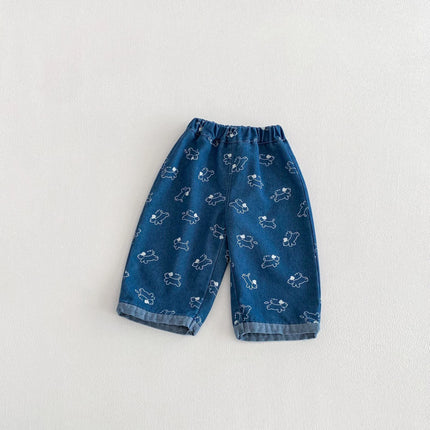2026 Spring Kids Jean Star Pants Korean Style Boys Girls Denim Pants Full of Puppy Print Casual Toddler Boys Straight Trouseres