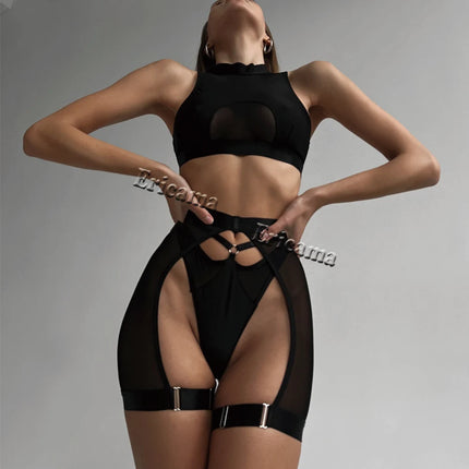 Sexy Lingerie Set Woman 3 Pieces Vest Top Seamless Underwear Garter Belt Set Thong Black Intimate Exotic Sets