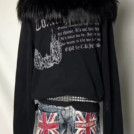 Hip Hop Harajuku Black Gothic Fur Collar Zip Up Hoodie Women Punk Y2K Street Retro Wings and Crown Print Fur Collar Loose Hoodie
