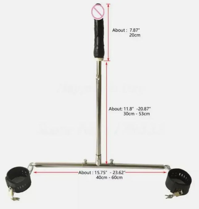 Stainless Steel T-Bar Metal Frame Leg Spreader with Fixed Ankle Cuffs, Anal Plug, Dildo, Open Leg Sex Toy for Couples, Adults