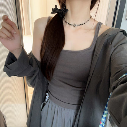 Women's Vest with Built-in Bra Pad Elastic Ribbed Square Collar Csole Tank Top ort Length  Color Versatile Summer F...