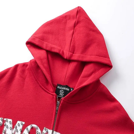 Mixed Emotion Zipper Hoodie Thin Pure Cotton Print Diamond Pattern Casual Streetwear Sweatshirt Red