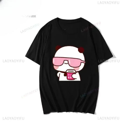 Couple Tee Bubu Is Watching Movies and Milk Tea with Dudu T-shirt Cartoon Cute Graphic Tees for Ladies Kawaii Cotton Unisex Tops
