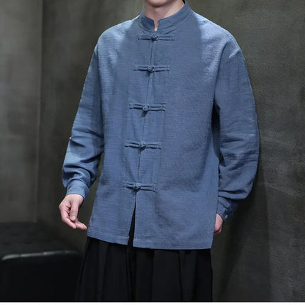 Chinese Style Men Long Sleeve Casual Shirt New 2026 Spring Vintage Mandarin Collar Loose Male Cotton Linen Tops Shirts N055