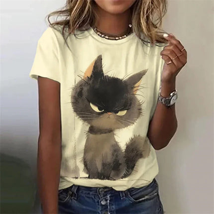 3D Printed Cute Cat T Shirt For Women Fresh Tree Leaves Pattern Tees Summer Harajuku T-Shirts Round Neck Tops Loose Short Sleeve