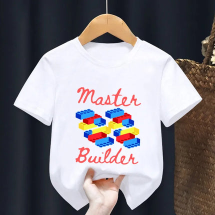 Master Builder Blocks Building Print Cartoon Kids T shirt Girls Summer Tops Baby Boys Clothes Children Short Sleeve T-shirts