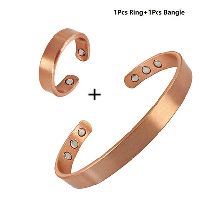 Set Pure Copper Bracelets and Rings for Women Men Simple Cuff Magnetic Bangles Arthritis Health Solid Copper Jewelry