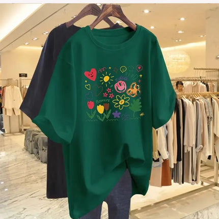 Women Clothing Chic Hand-painted Printing Basic T-shirt Summer Fashion Pure Cotton Round Neck Short Sleeve Tees Casual Loose Top
