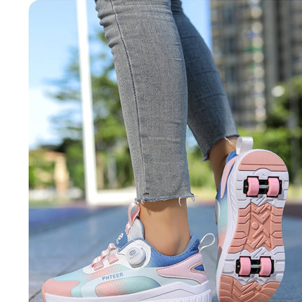 Kids Two Wheels Roller Skating Shoes with Light Magic Stick Walking Shoes, Detachable Wheels Roller Skate Shoes for Teenagers