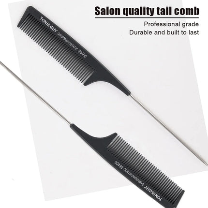 Black Rat Tail Comb Steel Pin Rat Tail Carbon Fiber Heat Resistant Teasing Combs with Stainless Steel Pintail Hair Styling Tools