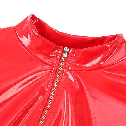 Women's Sexy Open Crotch Wet Look Jumpsuit Faux Leather Full Body Suit Latex Catsuit Long Sleeve Zipper Leotard One-Piece Clubwear