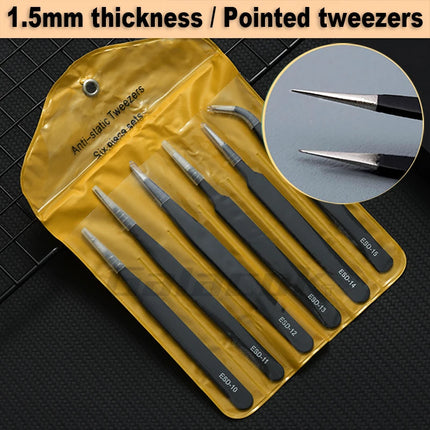 Antistatic Stainless Steel Tweezers 6 PCS Precision Maintenance Industrial Repair Curved Tool Home Work Model Making Hand Tools