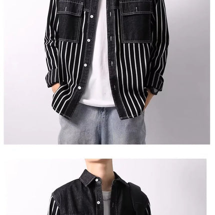 2024 New Spring and Autumn Youth Collection Commuting and Leisure Versatile Contrast Stripe Pocket Long Sleeved Men's Shirt Top