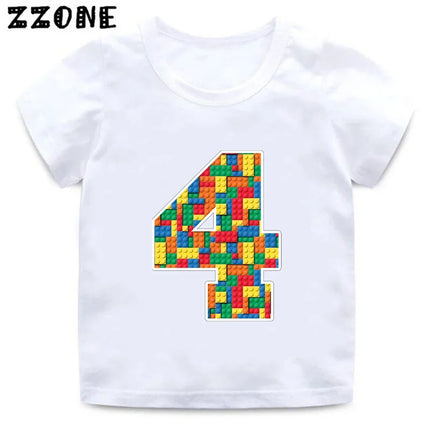 Building Blocks Bricks Number Bow Print Cartoon Boys Clothes 1 2 3 4 5 6 7 8 9 Years Birthday Kids T-shirt Baby Girls T-Shirts