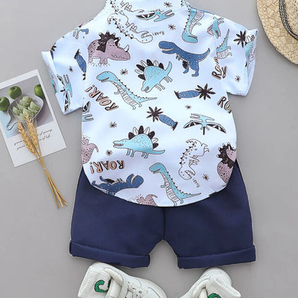 2PCS baby and toddler summer full print cartoon spotted dinosaur pattern stand up collar shirt short sleeved shorts set