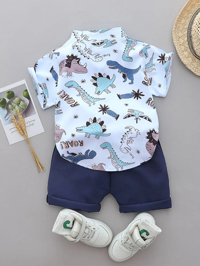 2PCS Baby and Toddler Summer Full Print Cartoon Spotted Dinosaur Pattern Stand-Up Collar Shirt Short-Sleeved Shorts Set