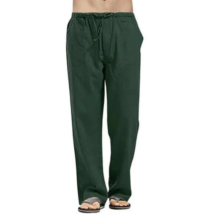 Men's Linen Loose Drawstring Pants Summer Breathable Casual Solid Color Trousers Youth Fashion Street Straight Pants