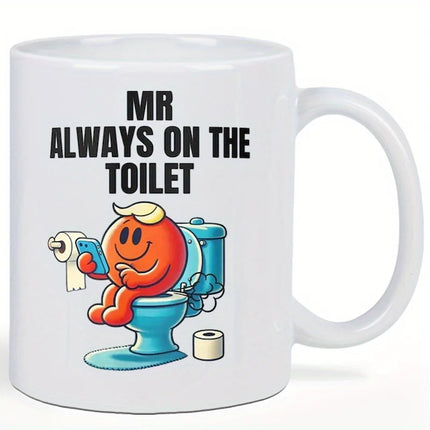 Funny "Mr. Always Going to the Toilet" 11 oz Ceramic Mug - Novelty Coffee Mug with Orange Character Design, Hand Washable