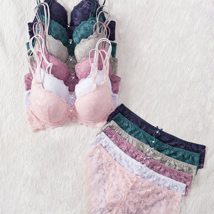 6-Piece Set Women's Underwear Set Sexy Patterned Lace Patchwork No Lining Comfortable Fitting Women's Push-Up Bra Sexy Lingerie