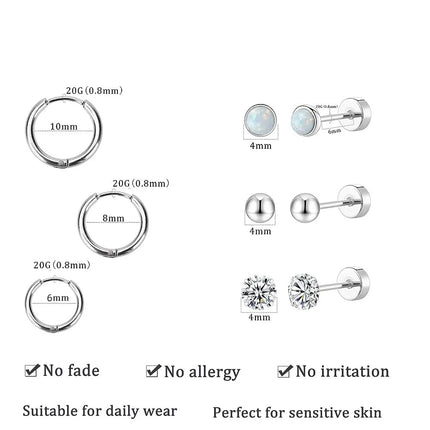 6 Pairs Earring Sets for Multiple Piercings Small Huggie Hoop Earrings Flat Back Tiny Ball CZ Opal Pearl Stud Earrings for Women