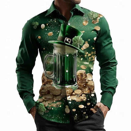 St. Patrick's Day Men's Shamrock Gold Coin Green Beer Shirt Button Up Shirt Long Sleeve Vintage Retro Party Holiday Spring Fall