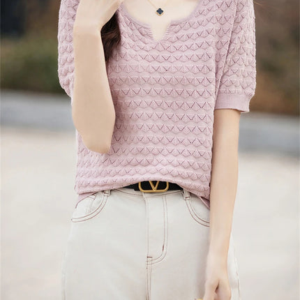 Women's T-shirt Summer New 100% Pure Cotton Tees Casual Solid Knitted Short sleeved V-neck Pullover Loose Tops Fashion Sweater