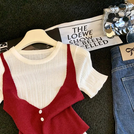 2026 New Fashionable Style, Cool and Cute Lace Splicing Fake Two-piece Short-sleeved Knitted Shirt, Cool and Cute Top