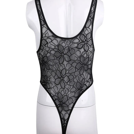 Men's One-piece High Cut G String Underwear Wrestling Singlet Leotard Sheer Bodysuit Thongs Sissy Lingerie See Through Nightwear